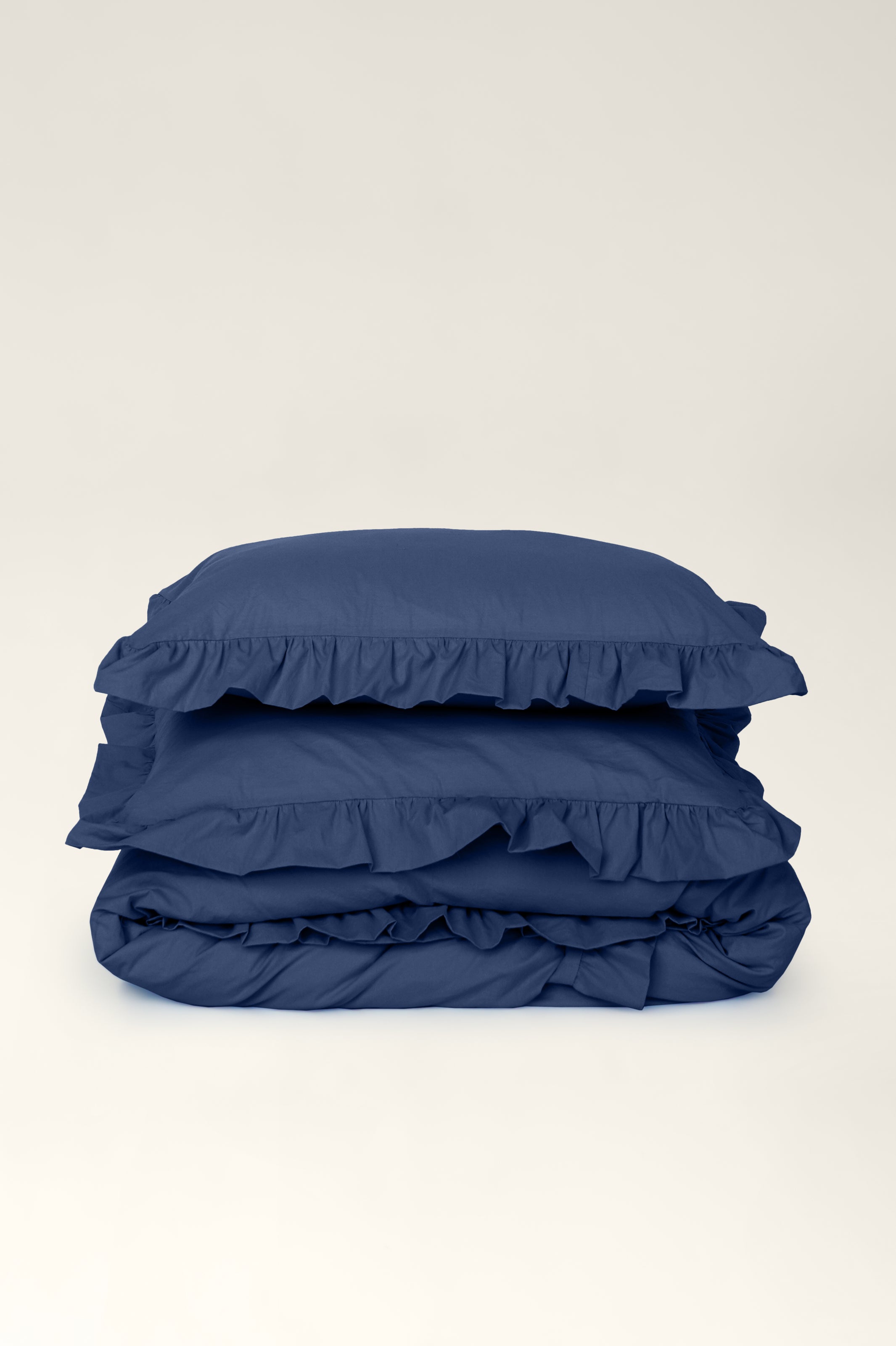 Washed cotton bedding with ruffles Navy